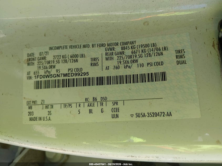 2021 Ford F550 VIN 1FD0W5GN7MED99295 IAAI salvage auction — SIDE, Clear (California), sold $7,650 on 2026-07-28 (photo 8)