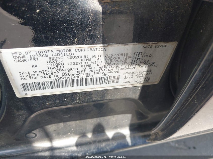 2004 Toyota Rav4 VIN JTEGD20V140024660 IAAI salvage auction — NORMAL WEAR, Clear (North Carolina), sold $1,100 on 2026-07-29 (photo 9)
