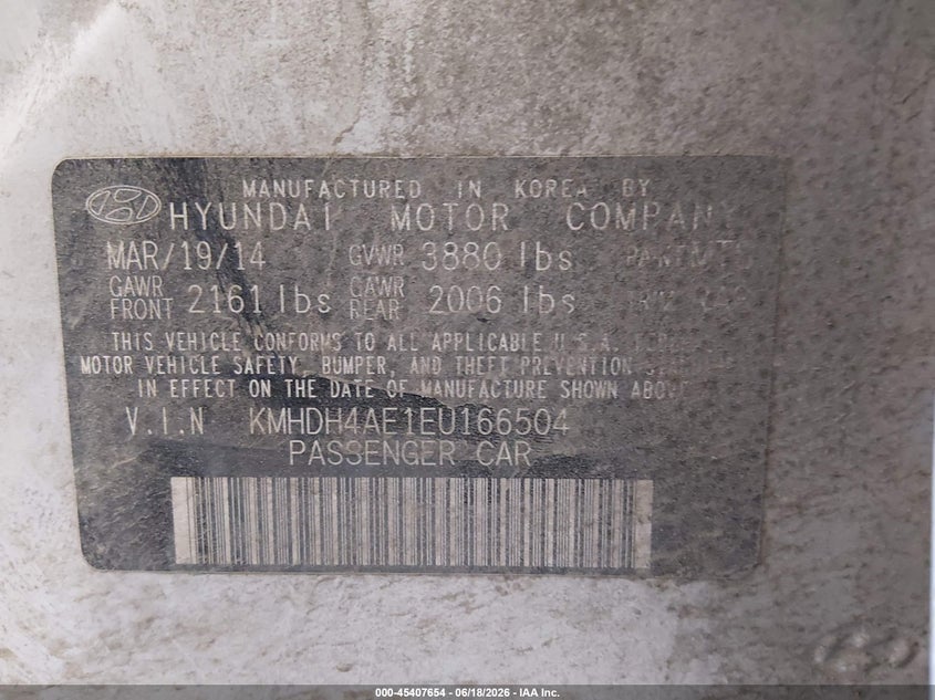 2014 Hyundai Elantra VIN KMHDH4AE1EU166504 IAAI salvage auction — NORMAL WEAR, Original (Alaska), sold $25 on 2026-07-17 (photo 9)