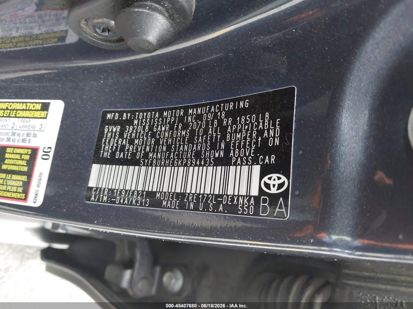 2019 Toyota Corolla VIN 5YFBURHE6KP894435 IAAI salvage auction — ROLLOVER, Salvage (California), sold $25 on 2026-07-21 (photo 9)