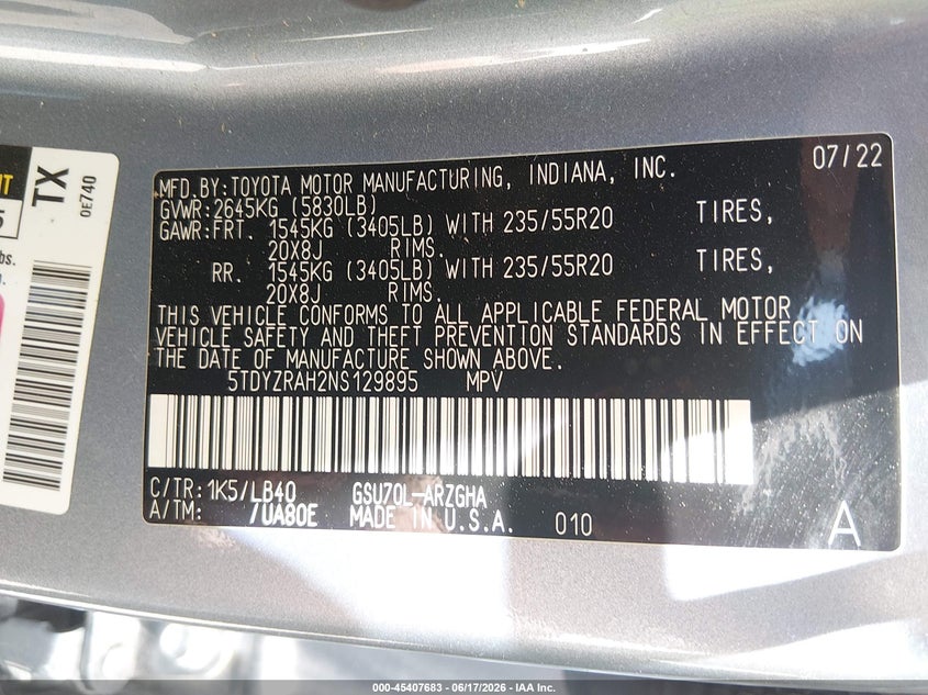 2022 Toyota Highlander VIN 5TDYZRAH2NS129895 IAAI salvage auction — BIO HAZARD, Salvage Title, sold $9,600 on 2026-07-13 (photo 9)