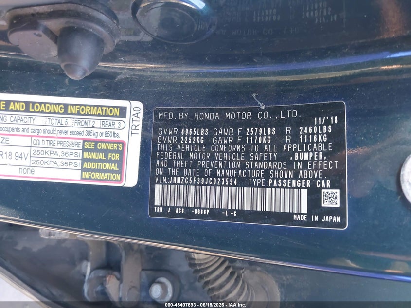 2018 Honda Clarity VIN JHMZC5F39JC023594 IAAI salvage auction — FRONT END, Mv-907A (New York), sold $650 on 2026-07-08 (photo 9)