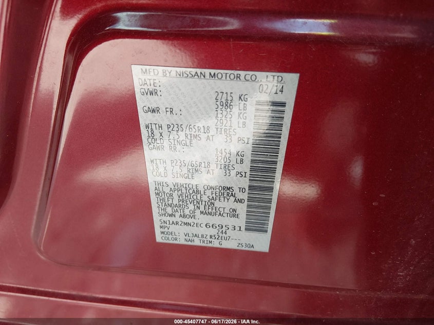2014 Nissan Pathfinder VIN 5N1AR2MN2EC669531 IAAI salvage auction — NORMAL WEAR, Original (Texas), sold $950 on 2026-07-11 (photo 9)