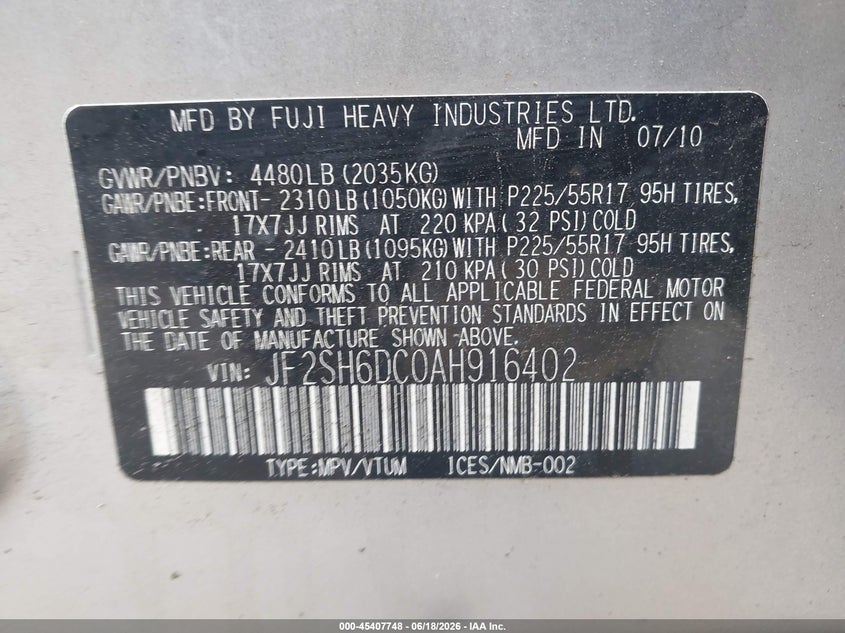2010 Subaru Forester VIN JF2SH6DC0AH916402 IAAI salvage auction — NORMAL WEAR, Clear (Massachusetts), sold $800 on 2026-07-10 (photo 9)