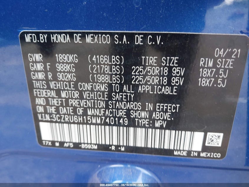 2021 Honda Hr-v VIN 3CZRU6H15MM740149 IAAI salvage auction — FRONT END, Salvage (Virginia), sold $4,150 on 2026-07-09 (photo 9)