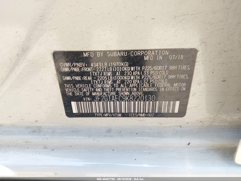 2019 Subaru Xv VIN JF2GTAEC9K8220130 IAAI salvage auction — FRONT END, Salvage (Texas), sold $300 on 2026-07-29 (photo 9)