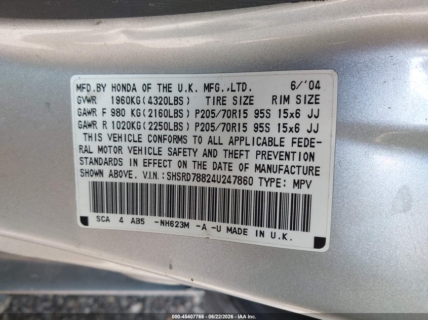 2004 Honda Cr-v VIN SHSRD78824U247860 IAAI salvage auction — NORMAL WEAR, Clear (Montana), sold $975 on 2026-07-14 (photo 9)