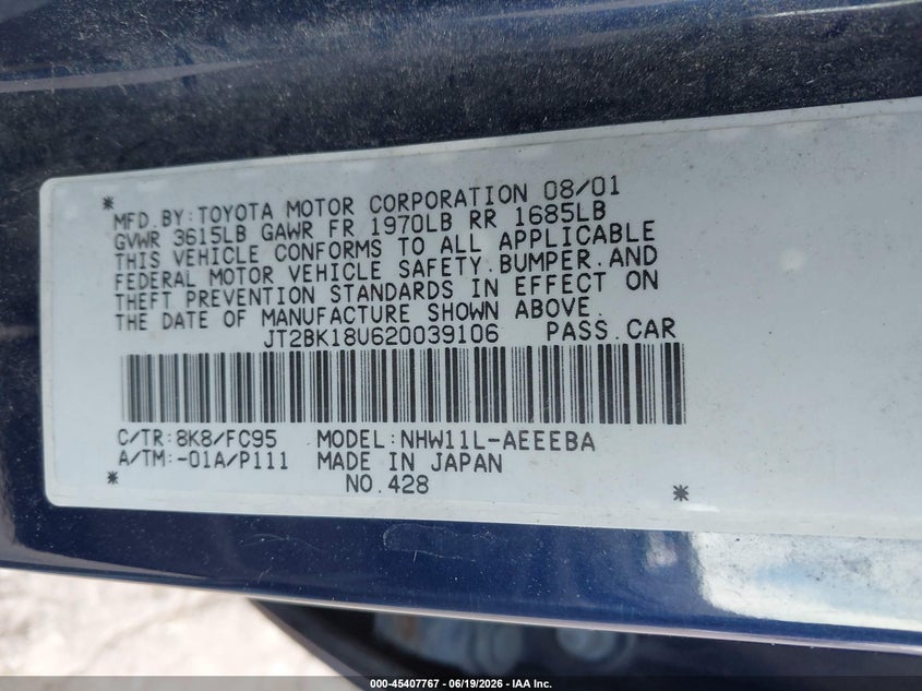 2002 Toyota Prius VIN JT2BK18U620039106 IAAI salvage auction — NORMAL WEAR, Original (Maine), sold $400 on 2026-07-20 (photo 9)
