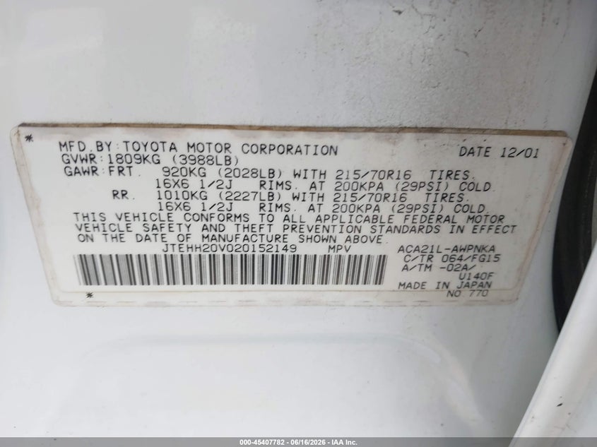 2002 Toyota Rav 4 VIN JTEHH20V020152149 IAAI salvage auction — NORMAL WEAR, Clear (North Carolina), sold $1,325 on 2026-07-16 (photo 9)