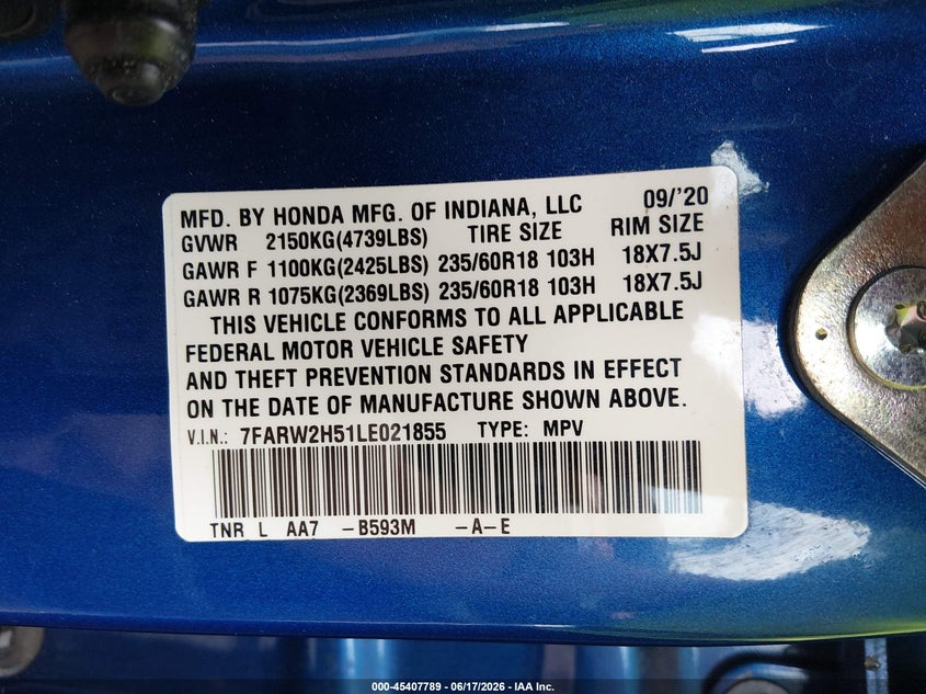 2020 Honda Cr-v VIN 7FARW2H51LE021855 IAAI salvage auction — LEFT FRONT, Salvage Title, sold $6,100 on 2026-08-01 (photo 9)