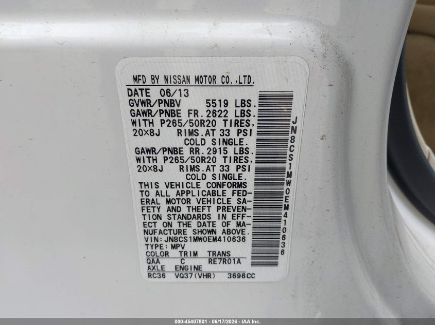 2014 Infiniti Qx70 VIN JN8CS1MW0EM410636 IAAI salvage auction — NORMAL WEAR, Clear (Massachusetts), sold $1,500 on 2026-07-17 (photo 9)