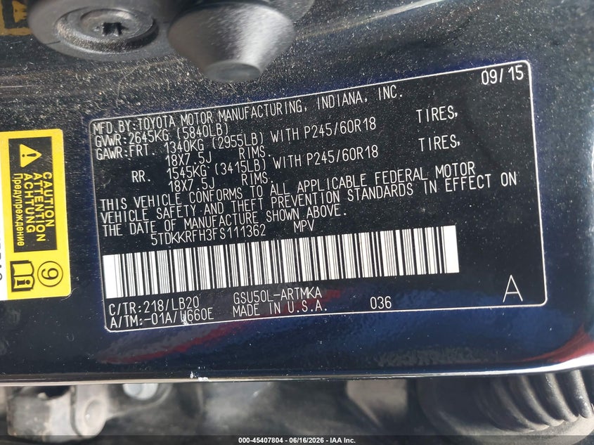 2015 Toyota Highlander VIN 5TDKKRFH3FS111362 IAAI salvage auction — RIGHT SIDE, Salvage (Texas), sold $5,700 on 2026-07-13 (photo 9)