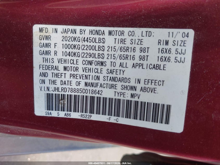 2005 Honda Cr-v VIN JHLRD78885C018642 IAAI salvage auction — FRONT END, Salvage (North Carolina), sold $1,000 on 2026-07-08 (photo 9)