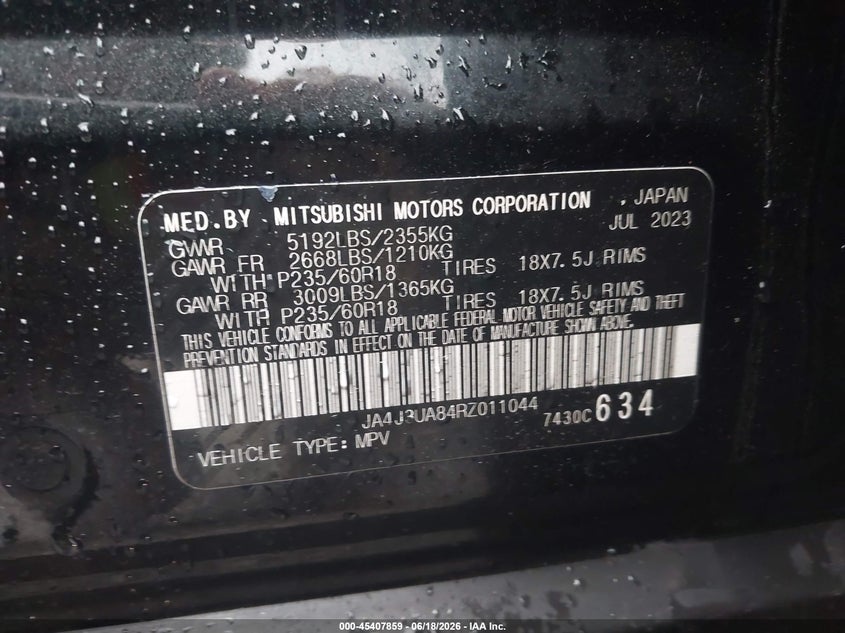 2024 Mitsubishi Outlander VIN JA4J3UA84RZ011044 IAAI salvage auction — FRONT END, Salvage (Alabama), sold $5,500 on 2026-07-23 (photo 9)