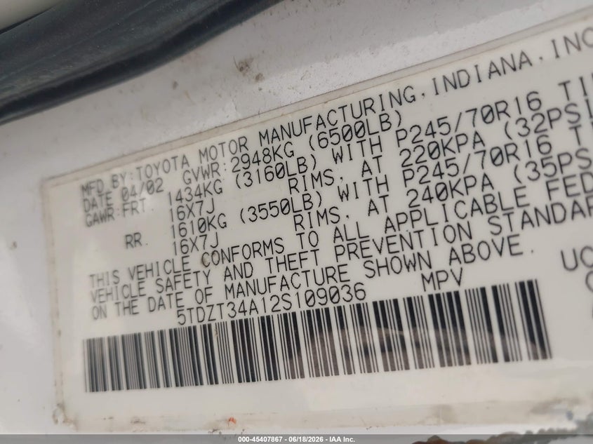 2002 Toyota Sequoia VIN 5TDZT34A12S109036 IAAI salvage auction — NORMAL WEAR, Original (Texas), sold $525 on 2026-07-06 (photo 9)