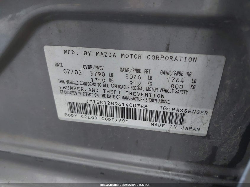 2006 Mazda 3 VIN JM1BK12G961400788 IAAI salvage auction — LEFT FRONT, Repossessed (Missouri), sold $250 on 2026-07-30 (photo 9)