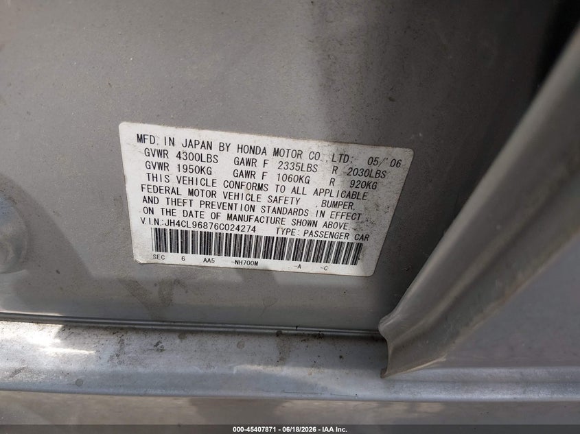 2006 Acura Tsx VIN JH4CL96876C024274 IAAI salvage auction — NORMAL WEAR, Original (Texas), sold $600 on 2026-07-13 (photo 9)