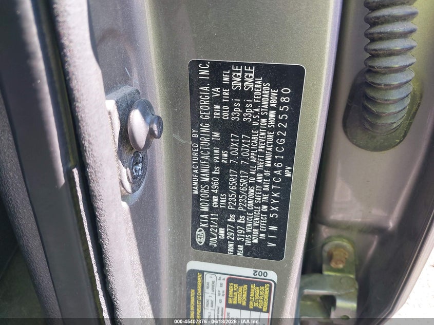 2012 Kia Sorento VIN 5XYKTCA61CG225580 IAAI salvage auction — FRONT END, Mv-907A (New York), sold $325 on 2026-07-08 (photo 9)