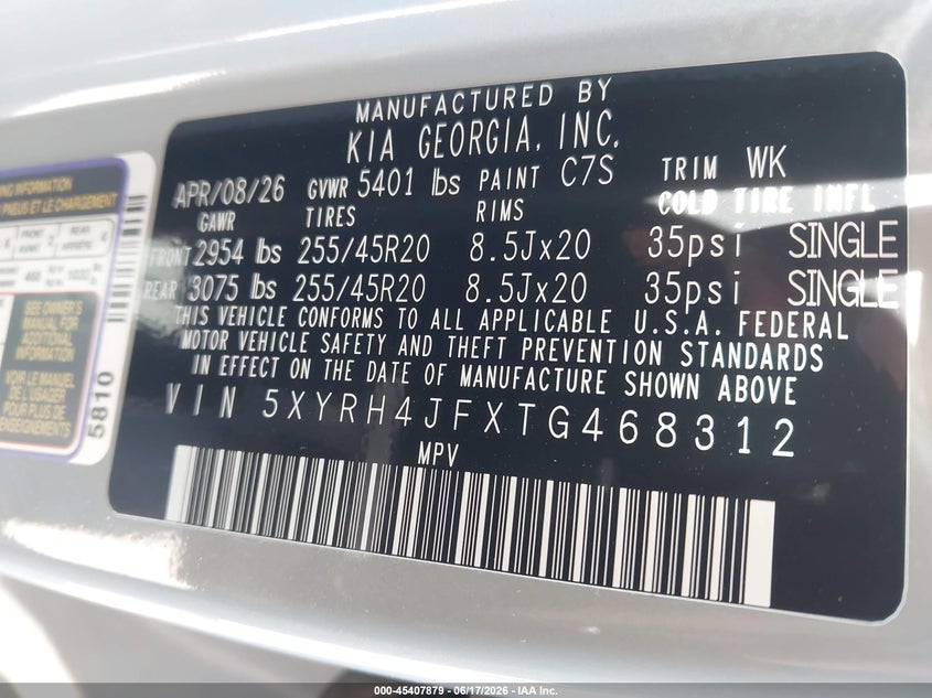 2026 Kia Sorento VIN 5XYRH4JFXTG468312 IAAI salvage auction — FRONT & REAR, Salvage Title, sold $12,100 on 2026-07-23 (photo 9)
