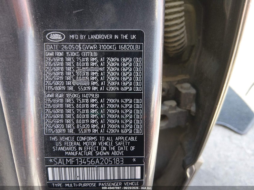 2006 Land rover RANGE ROVER VIN SALMF13456A205183 IAAI salvage auction — NORMAL WEAR, Clear (Arizona), sold $100 on 2026-07-24 (photo 9)