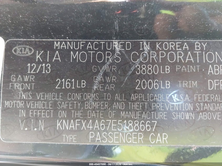 2014 Kia Forte VIN KNAFX4A67E5188667 IAAI salvage auction — NORMAL WEAR, Clear (Virginia), sold $550 on 2026-07-15 (photo 9)