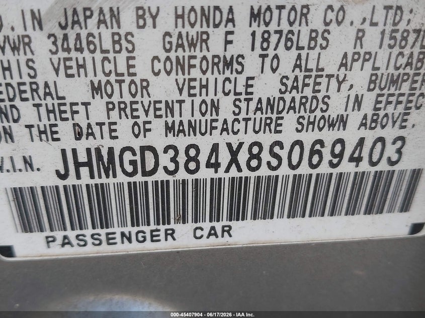 2008 Honda Fit VIN JHMGD384X8S069403 IAAI salvage auction — NORMAL WEAR, Clear (Virginia), sold $475 on 2026-07-06 (photo 9)