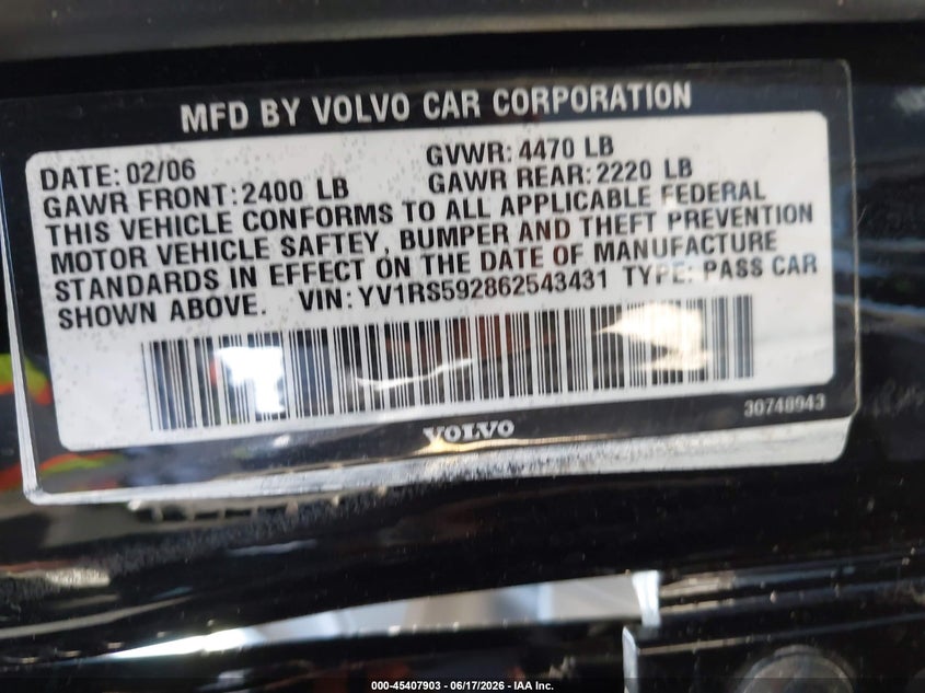 2006 Volvo S60 VIN YV1RS592862543431 IAAI salvage auction — RIGHT SIDE, Salvage (California), sold $450 on 2026-07-31 (photo 9)