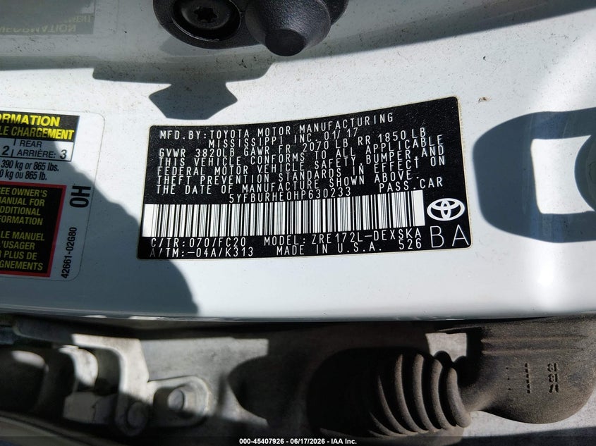 2017 Toyota Corolla VIN 5YFBURHE0HP630233 IAAI salvage auction — FRONT END, Salvage (New Jersey), sold $3,250 on 2026-07-28 (photo 9)