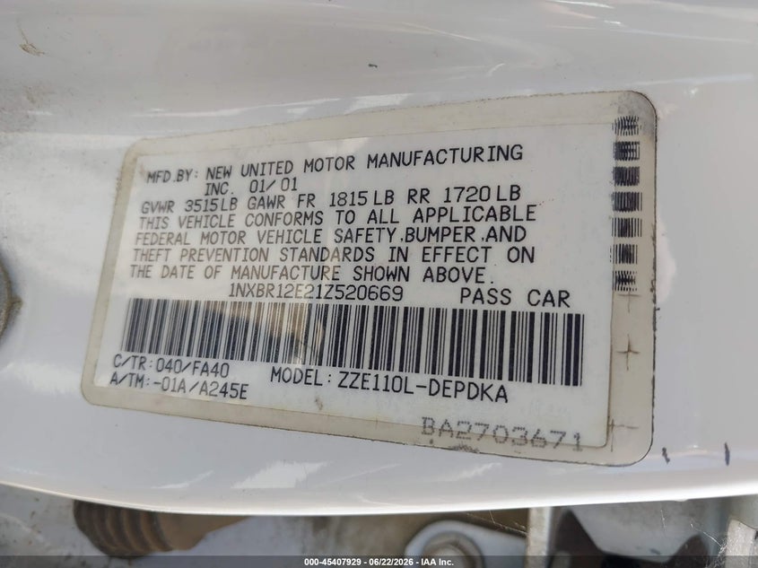 2001 Toyota Corolla VIN 1NXBR12E21Z520669 IAAI salvage auction — NORMAL WEAR, Salvage (California), sold $300 on 2026-07-09 (photo 9)
