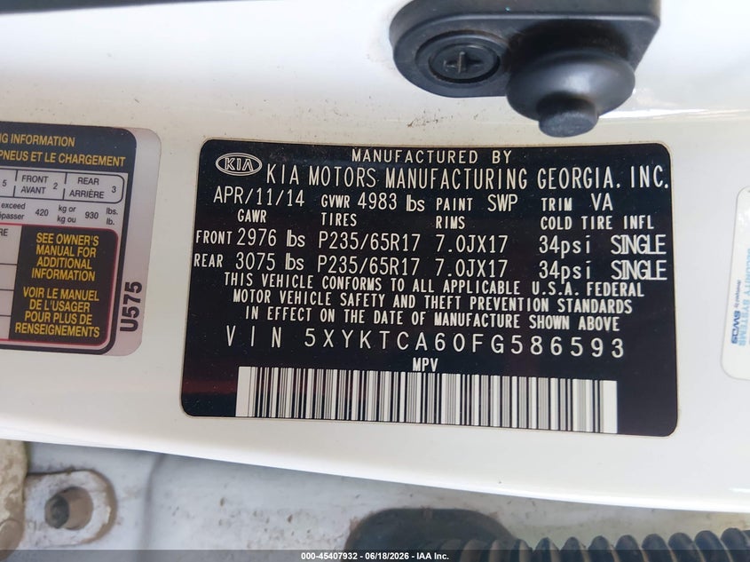 2015 Kia Sorento VIN 5XYKTCA60FG586593 IAAI salvage auction — RIGHT REAR, Salvage Title, sold $1,300 on 2026-07-28 (photo 9)