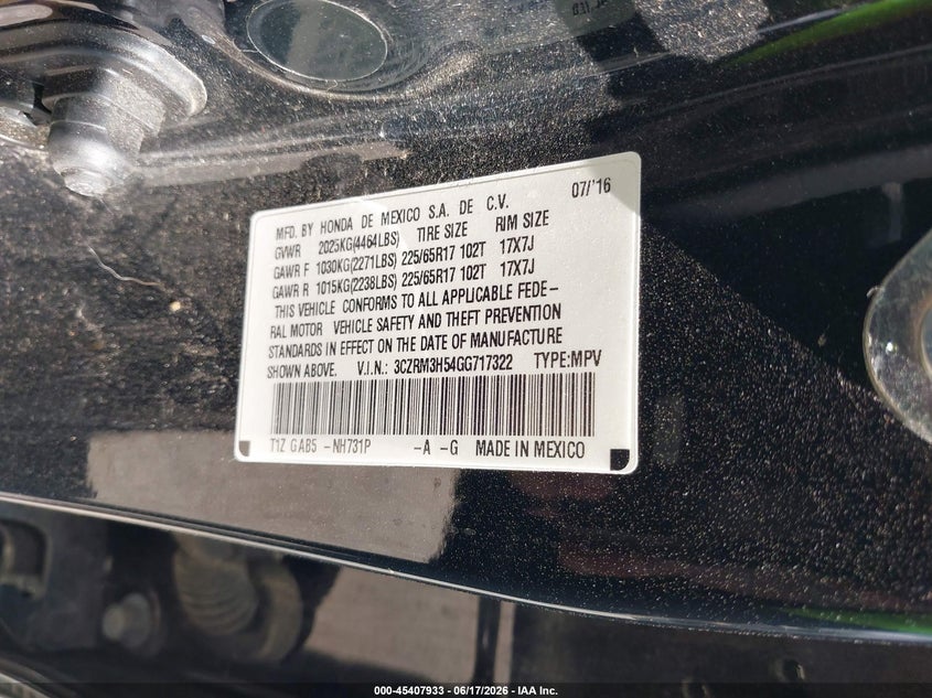 2016 Honda Cr-v VIN 3CZRM3H54GG717322 IAAI salvage auction — REAR END, Original (Texas), sold $6,000 on 2026-07-22 (photo 9)