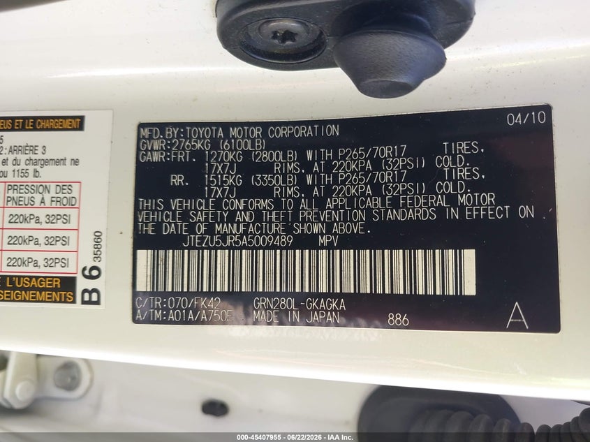 2010 Toyota 4runner VIN JTEZU5JR5A5009489 IAAI salvage auction — SIDE, Salvage (South Carolina), sold $3,550 on 2026-07-21 (photo 9)