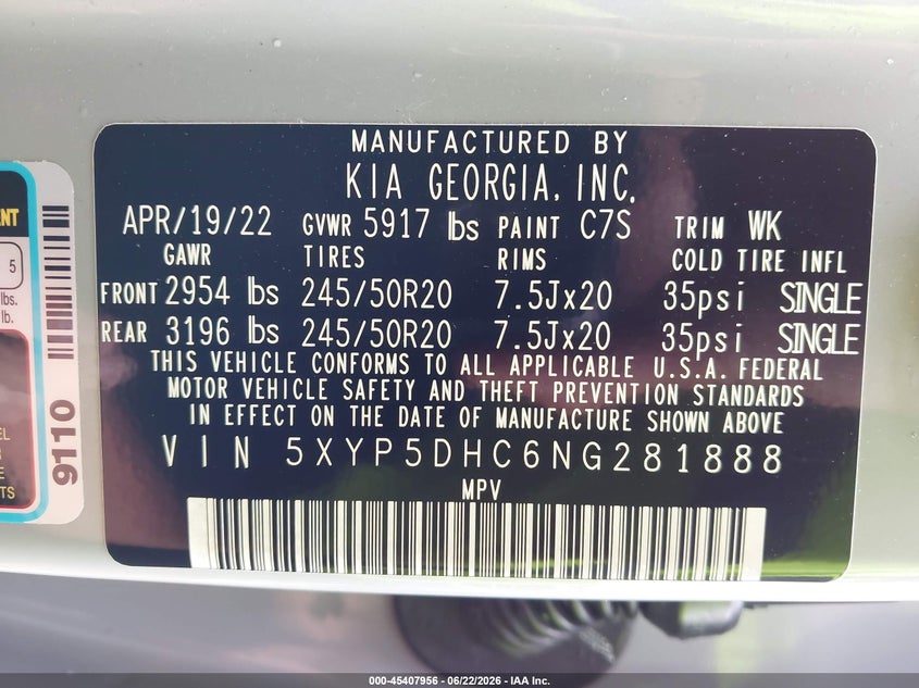 2022 Kia Telluride VIN 5XYP5DHC6NG281888 IAAI salvage auction — RIGHT SIDE, Salvage (Ohio), sold $7,900 on 2026-07-23 (photo 9)