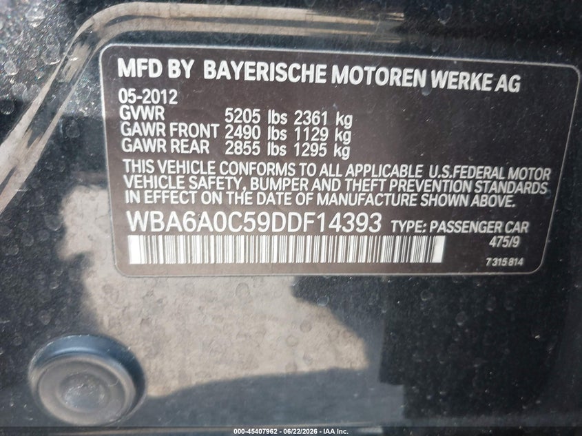 2013 BMW 6er VIN WBA6A0C59DDF14393 IAAI salvage auction — REPOSSESSION, Salvage Title, sold $1,400 on 2026-07-20 (photo 9)