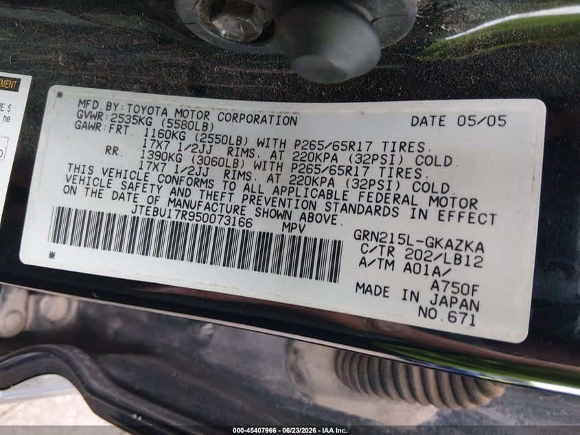2005 Toyota 4runner VIN JTEBU17R950073166 IAAI salvage auction — RIGHT SIDE, Salvage (Tennessee), sold $3,900 on 2026-07-15 (photo 9)