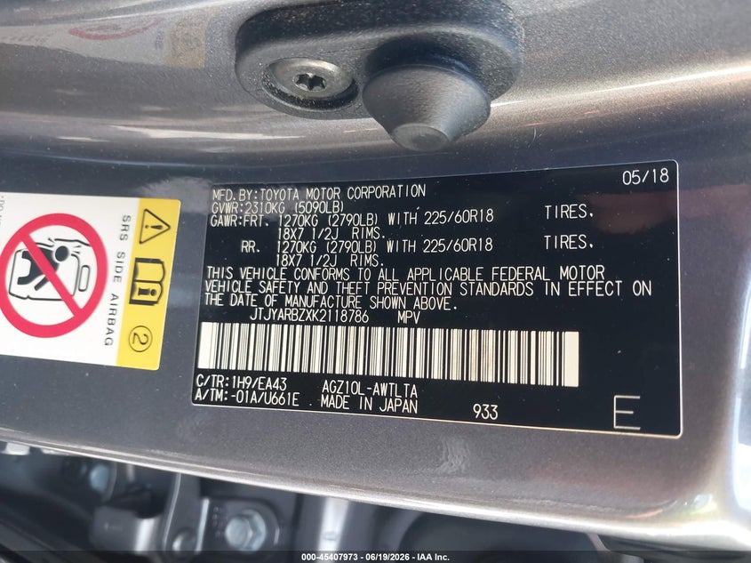 2019 Lexus Nx VIN JTJYARBZXK2118786 IAAI salvage auction — FRONT END, Salvage (South Carolina), sold $5,600 on 2026-07-08 (photo 9)
