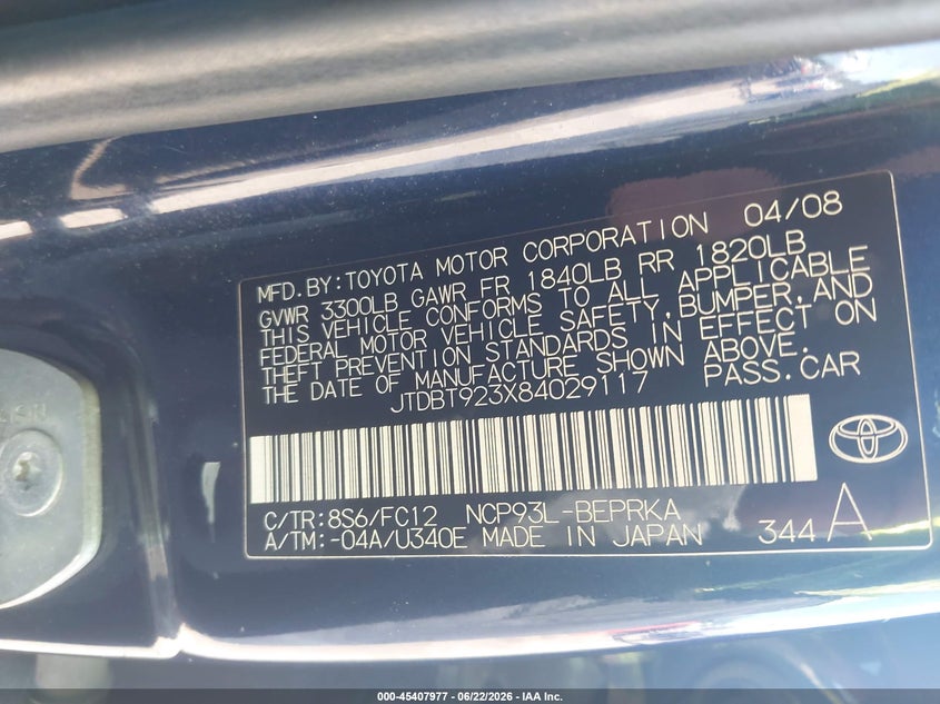 2008 Toyota Yaris VIN JTDBT923X84029117 IAAI salvage auction — NORMAL WEAR, Clear (Illinois), sold $425 on 2026-07-22 (photo 9)