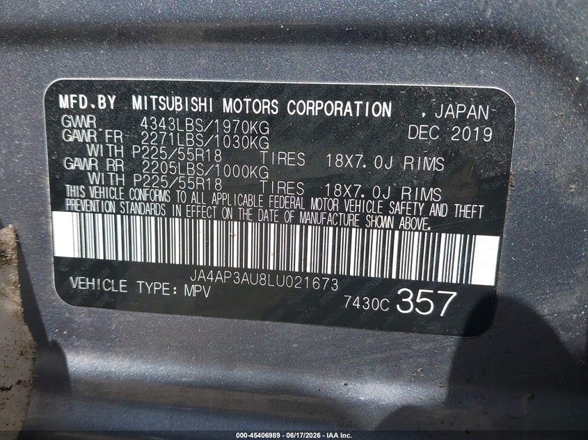 2020 Mitsubishi Outlander VIN JA4AP3AU8LU021673 IAAI salvage auction — FRONT & REAR, Salvage (Massachusetts), sold $25 on 2026-07-31 (photo 9)