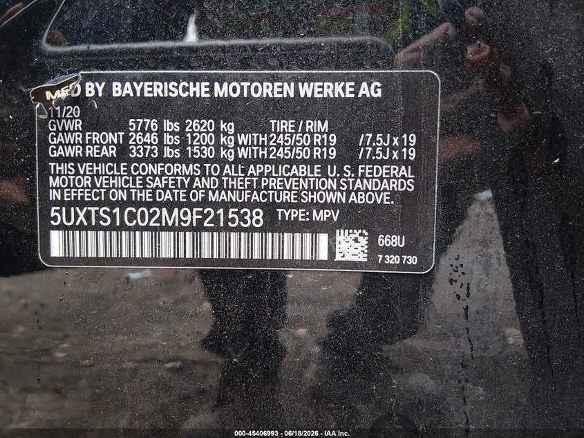 2021 BMW X3 VIN 5UXTS1C02M9F21538 IAAI salvage auction — RIGHT SIDE, Salvage Title, sold $13,000 on 2026-07-29 (photo 9)