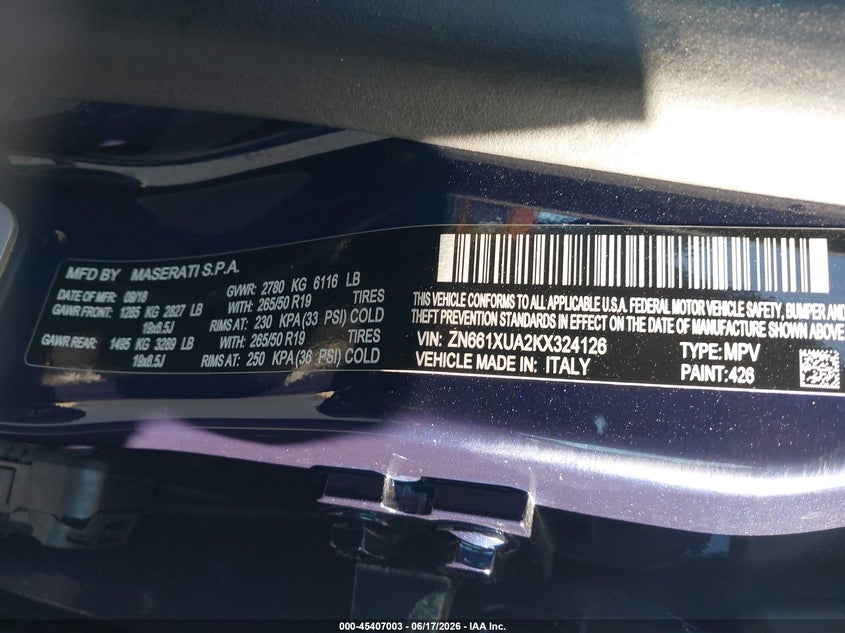 2019 Maserati Levante VIN ZN661XUA2KX324126 IAAI salvage auction — SIDE, Salvage Title, sold $9,700 on 2026-08-08 (photo 9)