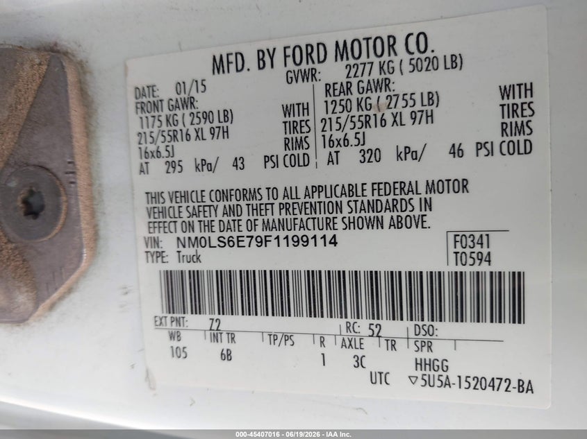 2015 Ford Transit VIN NM0LS6E79F1199114 IAAI salvage auction — LEFT FRONT, Enterprise Vehicles Clear Only (Texas), sold $3,450 on 2026-07-06 (photo 9)