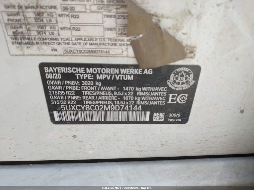 2021 BMW X6 VIN 5UXCY8C02M9D74144 IAAI salvage auction — FRONT END, Salvage Title, sold $26,250 on 2026-07-30 (photo 9)