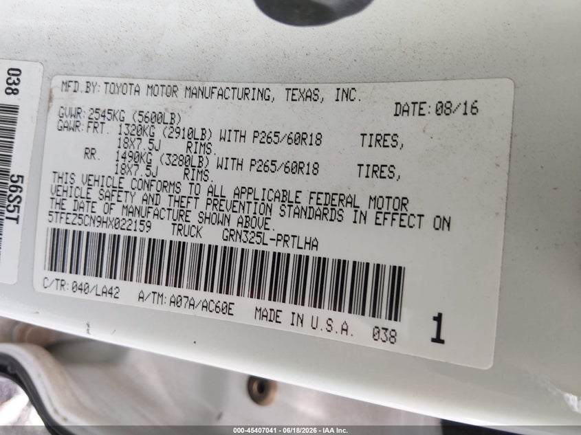 2017 Toyota Tacoma VIN 5TFEZ5CN9HX022159 IAAI salvage auction — REAR END, Salvage (Idaho), sold $10,000 on 2026-07-17 (photo 9)