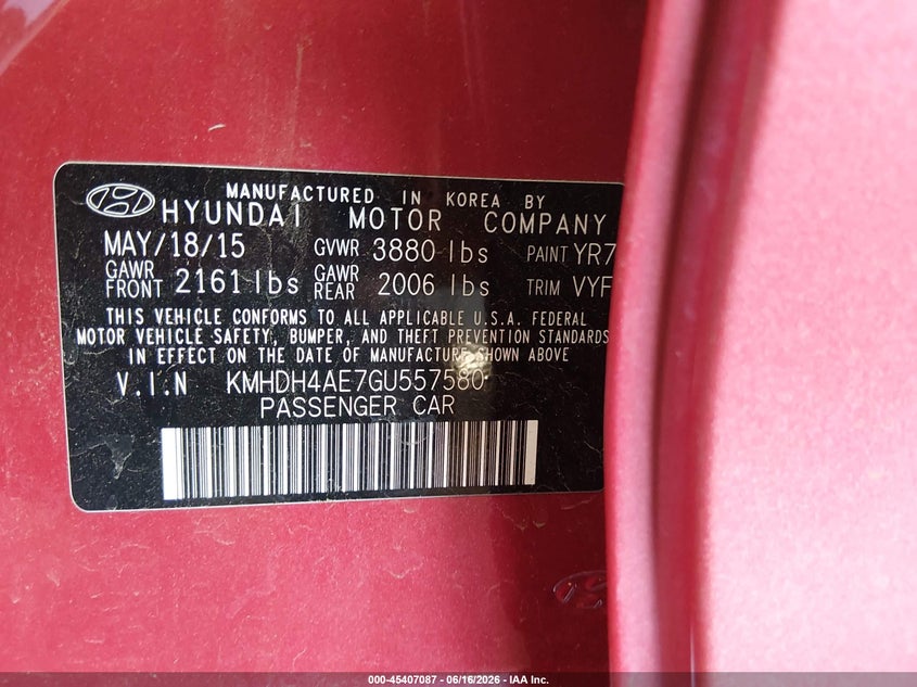 2016 Hyundai Elantra VIN KMHDH4AE7GU557580 IAAI salvage auction — SIDE, Salvage Title, sold $1,450 on 2026-07-11 (photo 9)
