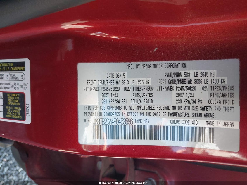 2015 Mazda Cx-9 VIN JM3TB2DA4F0463586 IAAI salvage auction — NORMAL WEAR, Clear (South Carolina), sold $750 on 2026-07-21 (photo 9)