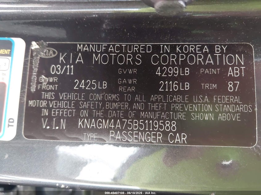 2011 Kia Optima VIN KNAGM4A75B5119588 IAAI salvage auction — THEFT, Salvage (Ohio), sold $250 on 2026-07-23 (photo 9)