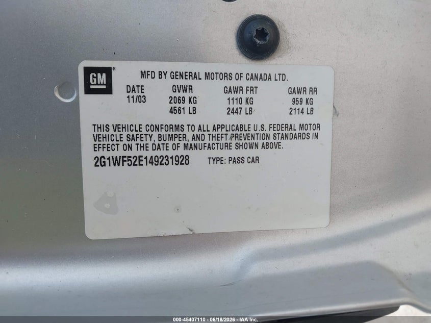 2004 Chevrolet Impala VIN 2G1WF52E149231928 IAAI salvage auction — NORMAL WEAR, Original (Texas), sold $250 on 2026-07-08 (photo 9)