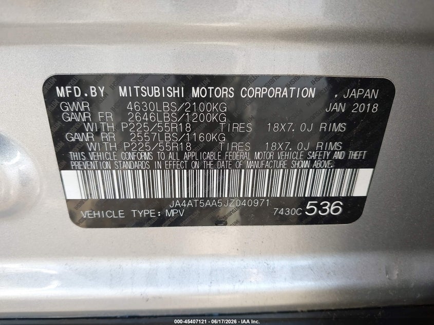 2018 Mitsubishi Eclipse cross VIN JA4AT5AA5JZ040971 IAAI salvage auction — RIGHT FRONT, Salvage Title, sold $2,350 on 2026-07-19 (photo 9)