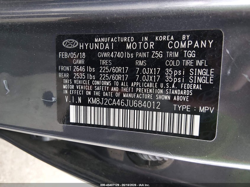 2018 Hyundai Tucson VIN KM8J2CA46JU684012 IAAI salvage auction — FRONT END, Salvage (New Jersey), sold $25 on 2026-07-27 (photo 9)
