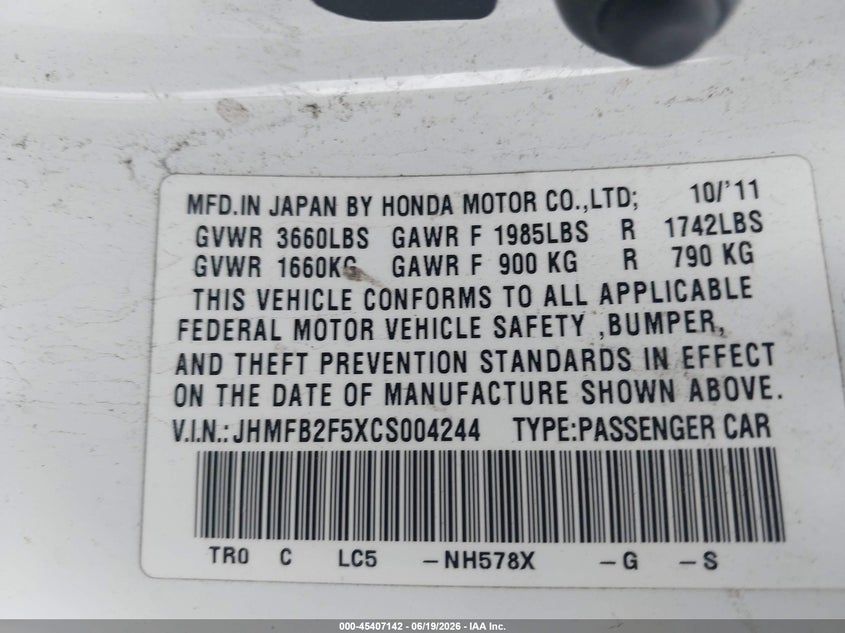 2012 Honda Civic VIN JHMFB2F5XCS004244 IAAI salvage auction — FRONT END, Salvage (California), sold $1,425 on 2026-07-09 (photo 9)